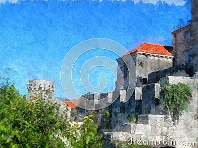 View of the fortress watercolor painting; photo manipulation Stock Photo