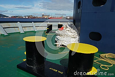 View from forward of container vessel on the port of Paranaguá which is the second largest port of Brazil. Stock Photo