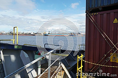 View from forward mooring station of container vessel on the port of Paranaguá. Stock Photo