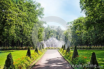 View of fountain in beautiful green park Stock Photo