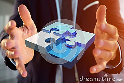 Four puzzle pieces making a logo on a futuristic interface - 3d Stock Photo