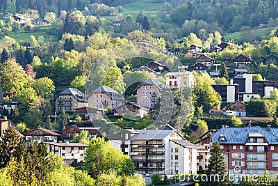 View of french alps mountain and Saint-Gervais-les-Bains village Stock Photo