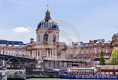 View of the French Institute Academie Francaise and Arts bridge Editorial Stock Photo