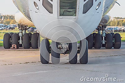 View of the front landing gear in the background rear rack chassis wheels Stock Photo