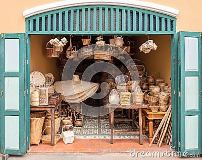 A view in front of an old shop in Thailand. It has all rattan pr Stock Photo