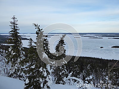 View of a frozen lake in Koli national park in Finland. Stock Photo