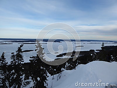 View of a frozen lake in Koli national park in Finland. Stock Photo