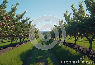 View of a fruitful apple orchard with trees and fruits. View of an agricultural field. Apple trees. Natural example Cartoon Illustration