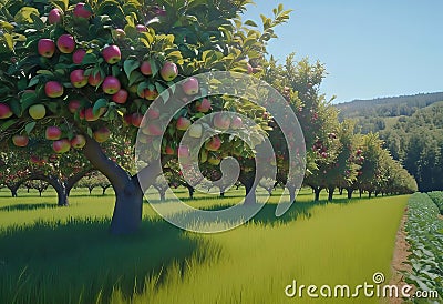 View of a fruitful apple orchard with trees and fruits. View of an agricultural field. Apple trees. Natural example Cartoon Illustration