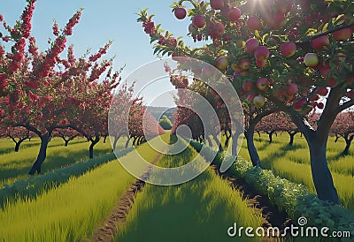 View of a fruitful apple orchard with trees and fruits. View of an agricultural field. Apple trees. Natural example Cartoon Illustration