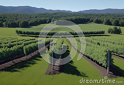 View of a fruitful apple orchard with trees and fruits. View of an agricultural field. Apple trees. Natural example Cartoon Illustration