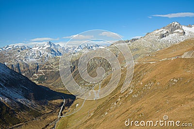 View from Furka pass on Grimsel pass Stock Photo