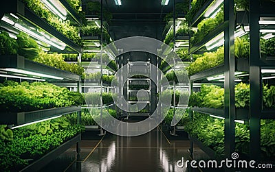 View of a futuristic indoor vertical farm that uses technology and rows of plants to optimize the production of vegetables on a Stock Photo