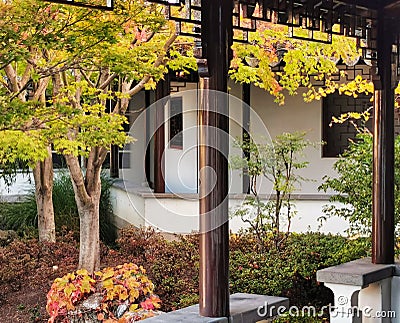 A view of a gallery and backyard at Lan Yuan chinese garden in Dunedin New Zealand Editorial Stock Photo