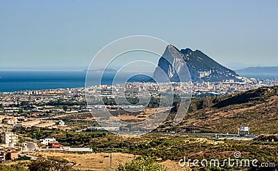 A view of Gibraltar taken from the hill side overlooking La Linea, Spain with the sea in the background Stock Photo