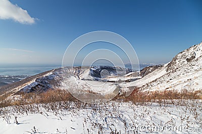 View of Ginnuma Daikakou crater from Mount Usu, Toya Stock Photo