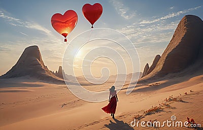 girl in red dress walking on desert looking for love Stock Photo