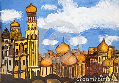 View of the Golden domes of the bell tower of the Moscow Kremlin. Stock Photo