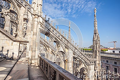 view of Gothic architecture and art on the roof of Milan Cathedral (Duomo di Milano), Italy Stock Photo