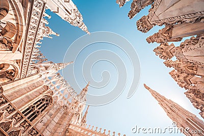view of Gothic architecture and art on the roof of Milan Cathedral (Duomo di Milano), Italy Stock Photo