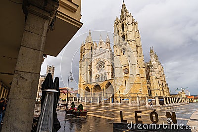 View of the Gothic cathedral of Leon in Spain. Editorial Stock Photo