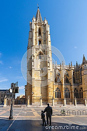 View of the gothic cathedral of Leon, in Spain. Editorial Stock Photo