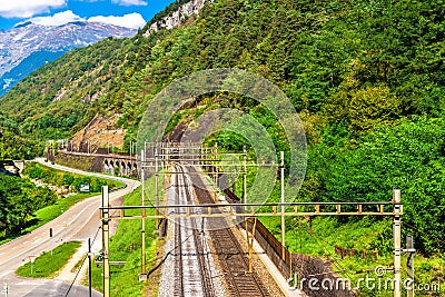 View of the Gotthard railway in Swiss Alps Stock Photo