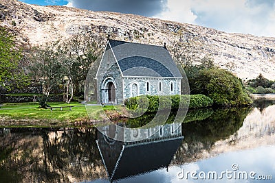 Gouganebarra Lake and the river Lee outside of Saint Finbarr`s Oratory chapel in county Cork, Ireland Stock Photo