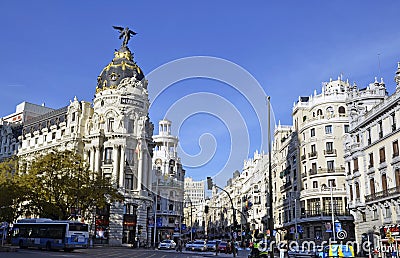 A view of Gran Via, in Madrid Editorial Stock Photo