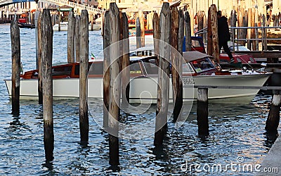 View of grand canal with boats in Venice. Canal with boat and motorboat water. Stock Photo