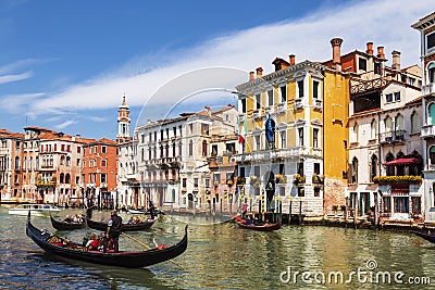 View on the Grand canal and gondolas with tourists, Venice, Editorial Stock Photo