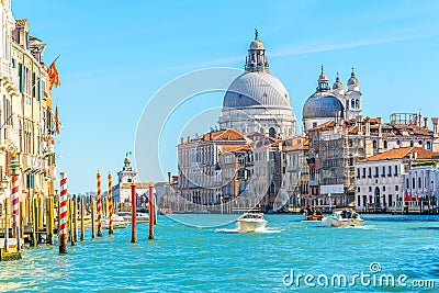 view of the grand canal in italian venice with a cupola of church of san simeone piccolo...IMAGE Editorial Stock Photo