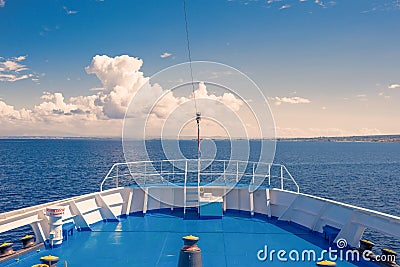 View of the Greek island and little yachts from the ship ferry. Stock Photo