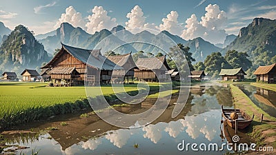 View of green fields and charming farmhouses nestled the mountain in background presents a picturesque and idyllic countryside Stock Photo