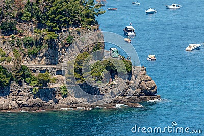 View of green lush hills and cliffs of Portofino town area, Ligurian seaside, Italy Stock Photo
