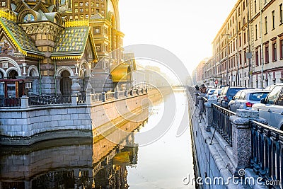 A view of the Griboyedov canal with the Cathedral in Saint-Petersburg Editorial Stock Photo