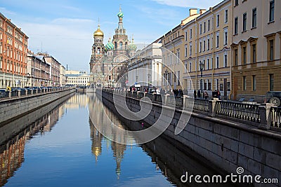 View of the Griboyedov canal and Church of Resurrection (Savior on blood), sunny march afternoon. Saint Petersburg Editorial Stock Photo