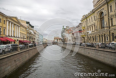 View of the Griboyedov Canal from the Italian Bridge in St. Petersburg. Editorial Stock Photo