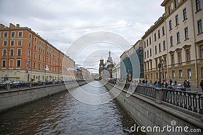 View of the Griboyedov Canal from the Italian Bridge in St. Petersburg. Editorial Stock Photo