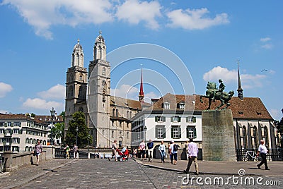 View of Grossmunster cathedral in Zurich, Switzerland. Editorial Stock Photo