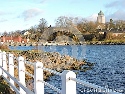 View of gulf of Baltic sea and bridge on the coast, Sveaborg, Finland Stock Photo