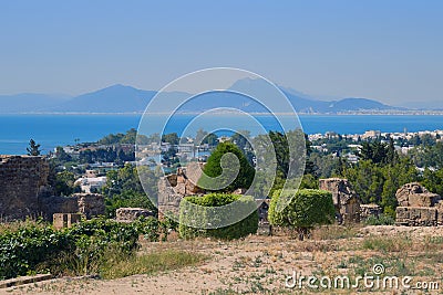 View of the gulf and the ruins of Carthage from Byrsa Hill in Tunisia, North Africa. Mandraki artificial bay, created in antiquity Stock Photo