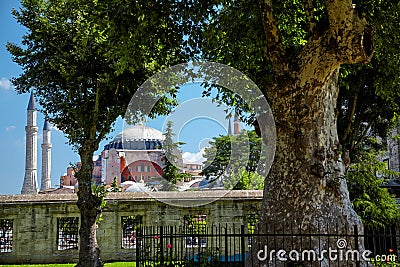 The view of Hagia Sophia from the courtyard of Blue Mosque Stock Photo