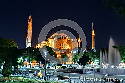 View of the Hagia Sophia at night in Istanbul, Turkey Stock Photo