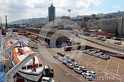 View of Haifa`s Port, Cranes, Boats, Ships and equipment. Editorial Stock Photo