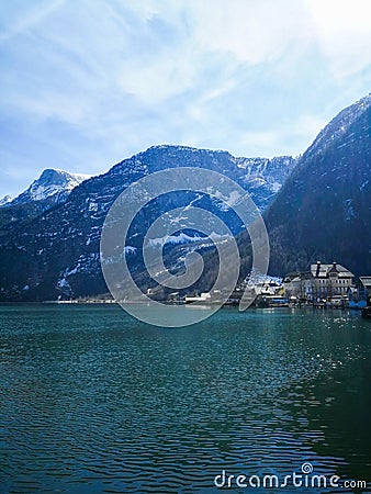 View at the Hallstatt lake and town at winter. Stock Photo