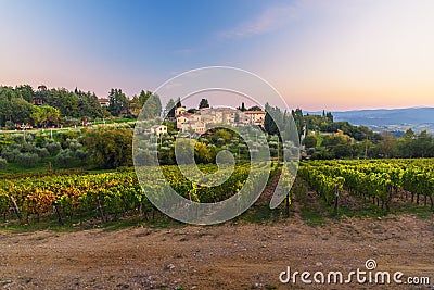 View on Fonterutoli on sunset. It is hamlet of Castellina in Chianti in province of Siena. Tuscany. Italy Stock Photo