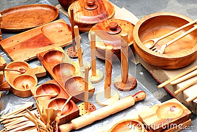 View handmade wooden kitchen utensils Stock Photo