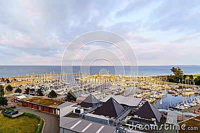 View on harbor of German touristic city resort Damp on Baltic sea. Panoramic view on sailing boats. Editorial Stock Photo