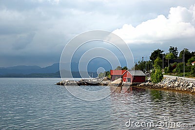 View of Hardangerfjorden near Husnes village, Norway Stock Photo